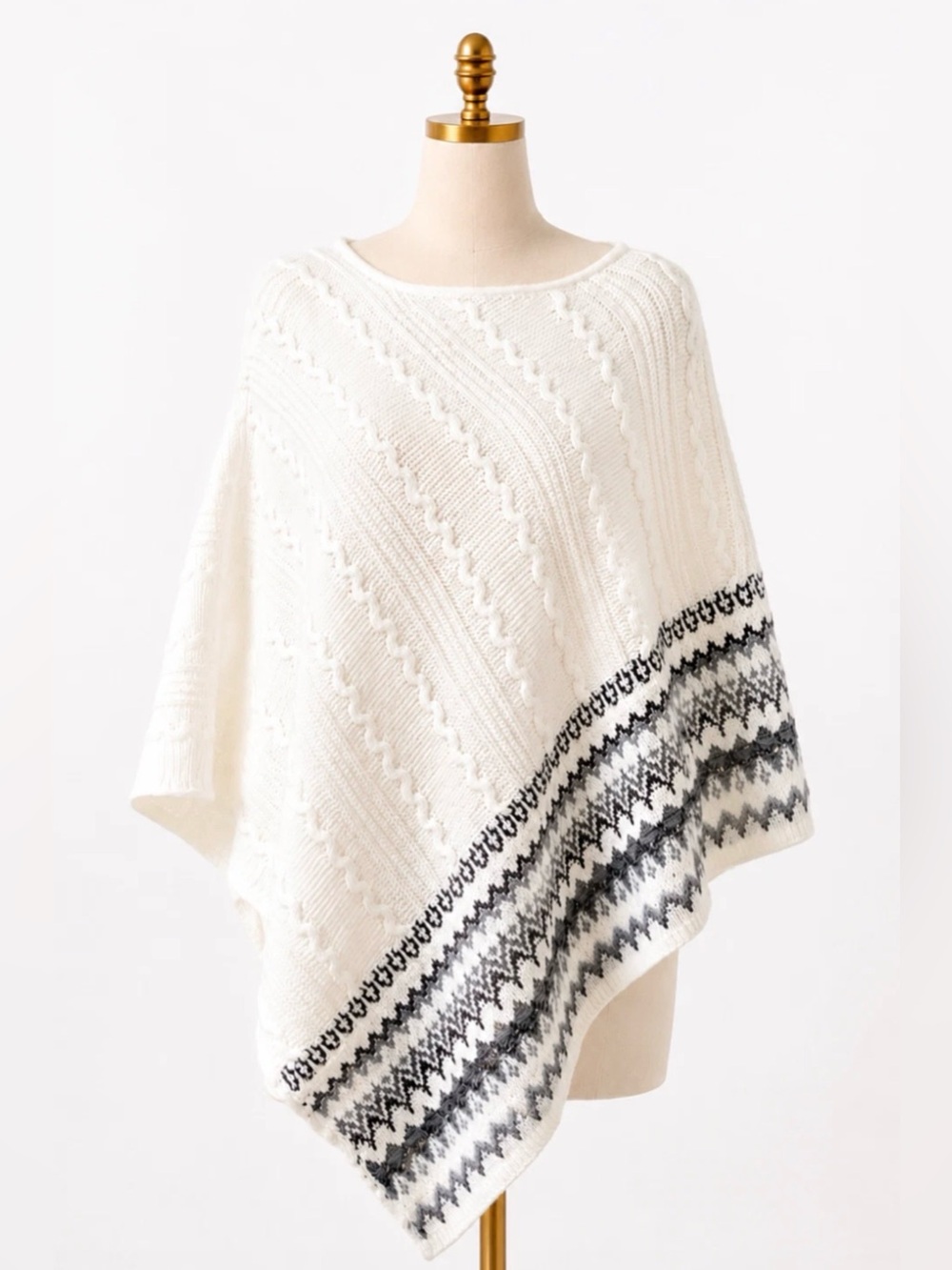 NEW WHITE HOUSE BLACK MARKET WHBM ECRU FAIR ISLE CABLE KNIT SWEATER PONCHO XS/S